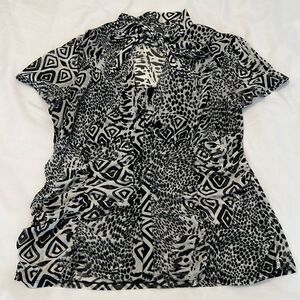 Studio1940 szM SS black&white geometric tie neck hook&eye front sheer blouse EUC